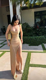 Sexy Mermaid Spaghetti Straps Gold Slit Long Prom Dresses Inspiration Formal Gown HZ0311