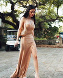 Sexy Mermaid Spaghetti Straps Gold Slit Long Prom Dresses Inspiration Formal Gown HZ0311