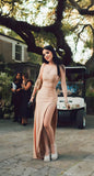 Sexy Mermaid Spaghetti Straps Gold Slit Long Prom Dresses Inspiration Formal Gown HZ0311
