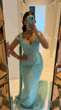 Sexy Mermaid Off The Shoulder Blue Sequin Prom Dresses Party Dress Formal Outfits Graduation Dress HZ0311