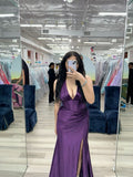 Sexy Mermaid V Neck Grape Satin Slit Prom Dresses For Teens Formal Dress Party Outfits Prom Gown HZ0311