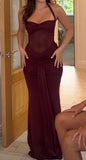 Sexy Mermaid Halter Satin Burgundy Prom Dresses For Teens Formal Dress Party Outfits Prom Gown HZ0311