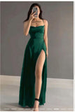 Simple A line Spaghetti Straps Green Silk Satin Slit Long Prom Dresses Inspiration Formal Gown HZ0311