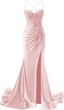 Modest Mermaid Spaghetti Straps Pink Silk Satin Slit Long Prom Dresses Inspiration Formal Gown HZ0311