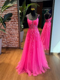 Modest A Line Spaghetti Straps Hot Pink Lace Tulle Long Prom Dresses Inspiration Formal Gown HZ0311