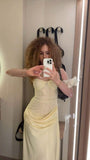 Modest Mermaid Spaghetti Straps Yellow Pleated Ruffles Long Prom Dresses Inspiration Formal Gown HZ0311