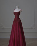 Beautiful A line Tulle Burgundy Prom Dresses For Teens Formal Dress Party Outfits Prom Gown HZ0311