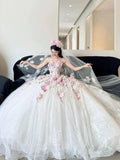Cute Ball Gown Sweetheart Tulle White Lace Flowers Long Quinceanera Dress Sweet 15 16 Dresses HZ0311