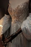 Unique A line Sweetheart Silver Sequin Prom Dresses For Teens Formal Dress Party Outfits Prom Gown HZ0311