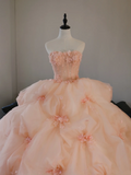 Cute Ball Gown Strapless Blush Pink Tulle Flowers Long Quinceanera Dress Sweet 15 16 Dresses HZ0311