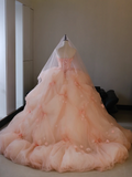 Cute Ball Gown Strapless Blush Pink Tulle Flowers Long Quinceanera Dress Sweet 15 16 Dresses HZ0311