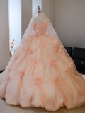 Cute Ball Gown Strapless Blush Pink Tulle Flowers Long Quinceanera Dress Sweet 15 16 Dresses HZ0311