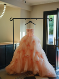 Fairy-tale Ball Gown Strapless Blush Pink Tulle Flowers Long Quinceanera Dress Sweet 15 16 Dresses HZ0311