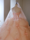 Cute Ball Gown Strapless Blush Pink Tulle Flowers Long Quinceanera Dress Sweet 15 16 Dresses HZ0311