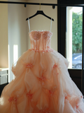 Cute Ball Gown Strapless Blush Pink Tulle Flowers Long Prom Dress Sweet 15 16 Dresses HZ0311