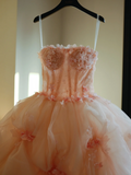 Cute Ball Gown Strapless Blush Pink Tulle Flowers Long Quinceanera Dress Sweet 15 16 Dresses HZ0311