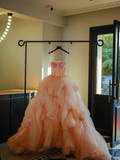 Fairy-tale Ball Gown Strapless Blush Pink Tulle Flowers Long Quinceanera Dress Sweet 15 16 Dresses HZ0311