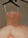 Cute Ball Gown Strapless Blush Pink Tulle Flowers Long Prom Dress Sweet 15 16 Dresses HZ0311
