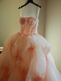 Fairy-tale Ball Gown Strapless Blush Pink Tulle Flowers Long Quinceanera Dress Sweet 15 16 Dresses HZ0311