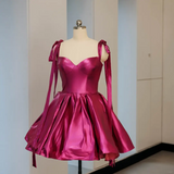 Simple Ball Gown Spaghetti Straps Satin Hot Pink Short 16th Birthday Dress Homecoming Dresses Cocktail Gown HZ0311