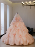 Fairy-tale Ball Gown Strapless Blush Pink Tulle Flowers Long Quinceanera Dress Sweet 15 16 Dresses HZ0311