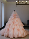 Fairy-tale Ball Gown Strapless Blush Pink Tulle Flowers Long Quinceanera Dress Sweet 15 16 Dresses HZ0311