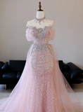 Unique Mermaid Off The Shoulder Pink With Silver Beads Prom Dresses Inspiration Long Party Dress Birthday Outfits Graduation Dress HZ0311
