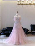 Unique Mermaid Off The Shoulder Pink With Silver Beads Prom Dresses Inspiration Long Party Dress Birthday Outfits Graduation Dress HZ0311
