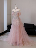 Unique Mermaid Off The Shoulder Pink With Silver Beads Prom Dresses Inspiration Long Party Dress Birthday Outfits Graduation Dress HZ0311