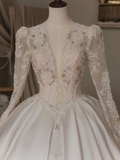 Unique Ball Gown V Neck Long Sleeve Lace Fitted Corset Long Wedding Dress Bride Gowns White Wedding Dresses HZ0311