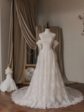 Vintage A Line Strapless With Removable Long Sleeve Lace Fitted Corset Long Wedding Dress Bride Gowns White Wedding Dresses HZ0311