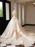 Fancy Ball Gown Strapless Fitted Corset Ruffles Satin Wedding Dress Bride Gowns Wedding Dresses HZ0311