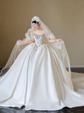Cute Ball Gown Strapless Sleeveless Satin Fitted Corset Long Wedding Dress Bride Gowns Lace Wedding Dresses HZ0311