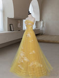 Beautiful A line Strapless Yellow Tulle Prom Dresses For Teens Formal Dress Party Outfits Prom Gown HZ0311