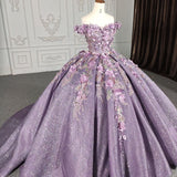 Charming Ball Gown Off The Shoulder Light Grape Flowers Sequin Long Quinceanera Dress Sweet 15 16 Dresses HZ0311