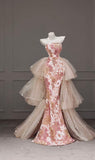 Chic Mermaid Strapless Rose Pink Lace Long Prom Dresses Inspiration Formal Gown HZ0311