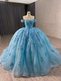Beautiful Ball Gown Off The Shoulder Blue Flowers Sequins Long Quinceanera Dress Sweet 15 16 Dresses HZ0311