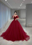 Beautiful Ball Gown Off The Shoulder Burgundy Tulle Prom Dresses For Teens Formal Dress Party Outfits Prom Gown HZ0311