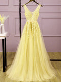 Cute A Line V Neck Yellow Lace Long Prom Dresses Inspiration Formal Gown HZ0311
