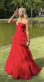 Vintage Ball Gown Strapless Red Tulle Layers Ruffles Long Prom Dresses Inspiration Formal Gown HZ0311