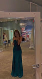 Vintage Mermaid Strapless Teal Satin Slit Ruffles Long Prom Dresses Inspiration Formal Gown HZ0311