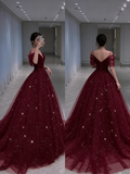 Beautiful Ball Gown Off The Shoulder Burgundy Tulle Prom Dresses For Teens Formal Dress Party Outfits Prom Gowns HZ0311