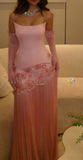 Unique Mermaid Strapless Pink Tassel Prom Dresses With Gloves For Teens Formal Dress Party Outfits Prom Gown HZ0311