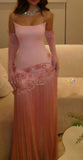 Unique Mermaid Strapless Pink Tassel Prom Dresses With Gloves For Teens Formal Dress Party Outfits Prom Gown HZ0311
