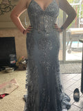 Sexy Mermaid Spaghetti Straps Silver Gray Sequin Long Prom Dresses Inspiration Formal Gown HZ0311