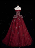 Beautiful Ball Gown Strapless Burgundy Tulle Prom Dresses For Teens Formal Dress Party Outfits Prom Gowns HZ0311