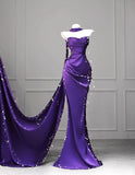 Simple Mermaid Strapless Grape Satin Pleated Prom Dresses For Teens Formal Dress Party Outfits Prom Gown HZ0311