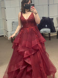 Beautiful Ball Gown V Neck Burgundy Tulle Lace Prom Dresses For Teens Formal Dress Party Outfits Prom Gowns HZ0311