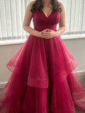 Beautiful Ball Gown V Neck Burgundy Tulle Prom Dresses For Teens Formal Dress Party Outfits Prom Gowns HZ0311