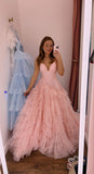 Beautiful Ball Gown Spaghetti Straps Pink Tulle Prom Dresses For Teens Formal Dress Party Outfits Prom Gowns HZ0311